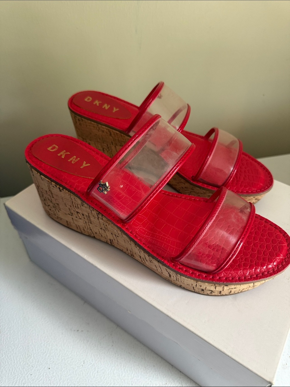 DKNY Red Cork Wedge Slide Sandals with Clear Straps